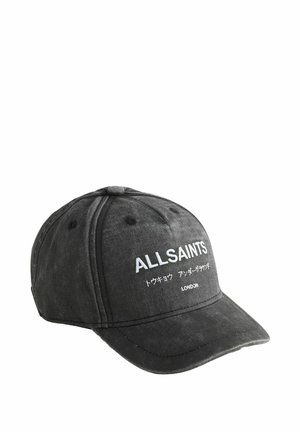 Cappello da baseball in cotone nero con visiera curva, caratterizzato da testo ricamato bianco "ALLSAINTS" e altro testo in caratteri asiatici, con cinturino regolabile.
