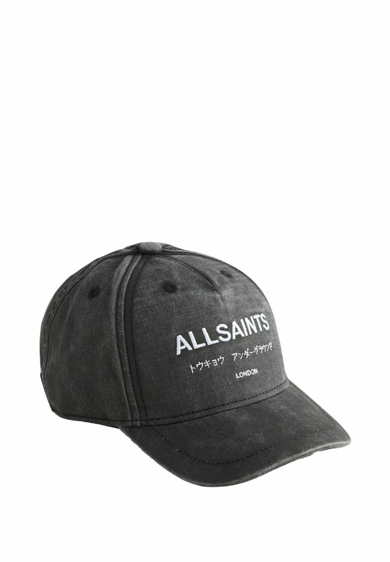 Musta puuvillane baseball kork kumerate äärega, millel on valge tikitud tekst "ALLSAINTS" ja muu Aasia kiri, ning reguleeritav rihm.