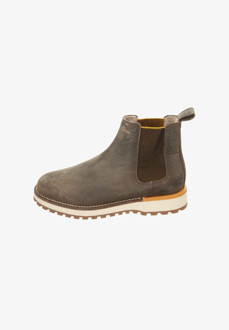 Grau Wildleder Chelsea-Boot mit elastischen Seitenteilen, gelber Innenausstattung und einer weißen Gummisohle mit strukturiertem Profil.