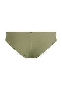 Culotte bikini vert olive en tissu lisse, avec un design simple et sans motifs ni accents visibles. Dotée d'une ceinture et d'un dos sans couture.