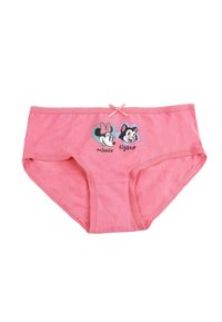 Roze katoenen slips met print van Minnie en Figaro. Geaccentueerd met een klein strikje bij de tailleband en decoratieve stiksels.
