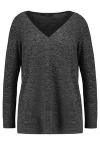 Maglia grigia scuro a maniche lunghe con scollo a V. Realizzata in un tessuto a maglia testurizzato, presenta un delicato motivo mélange e una vestibilità ampia.