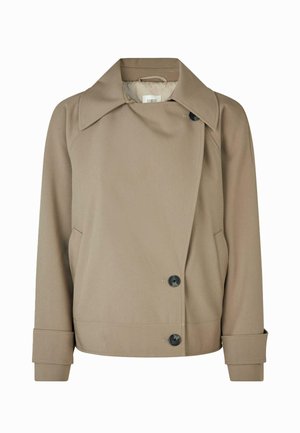 Beige trenčkot s širokým límcem, dvouřadým zapínáním na knoflíky, bočními kapsami a ohrnutými rukávy. Hladká tkanina s přiléhavým střihem.