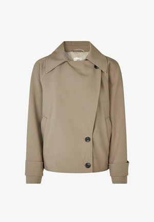 Beige trenchcoat med bred krage, dubbelknapplåsning, sidofickor och uppvikta ärmar. Slät tyg med en skräddarsydd passform.