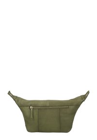 Borsa in pelle verde oliva con un design curvo, dotata di una tasca con zip sulla parte anteriore e dettagli in tessuto vicino alle estremità delle cinghie.