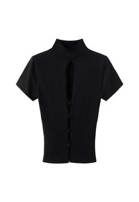 Top negro de manga corta con cuello alto, corte en la parte delantera y cinco botones en la espalda. Está hecho de una tela suave y elástica.