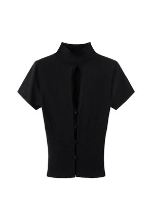 Top negro de manga corta con cuello alto, corte en la parte delantera y cinco botones en la espalda. Está hecho de una tela suave y elástica.
