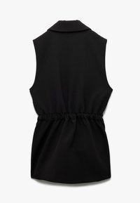 Zwarte mouwloze top met een kraag, voorzien van een geplooide taille voor een aansluitende pasvorm. Gemaakt van een gladde, lichtgewicht stof.