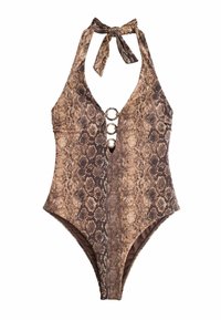 One-piece swimsuit with a snake print pattern in brown and tan. Features a deep V-neck, adjustable halter tie, and circular cutout accents.