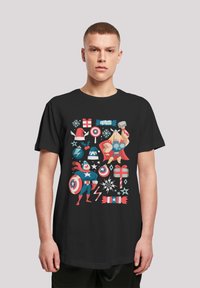 Black cotton t-shirt featuring colorful cartoon superheroes, gifts, and festive elements in various shapes placed on the front.
