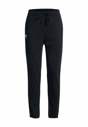 Pantalones deportivos negros con cintura ajustable, piernas entalladas y puños elásticos. La tela parece suave con una textura sutil.