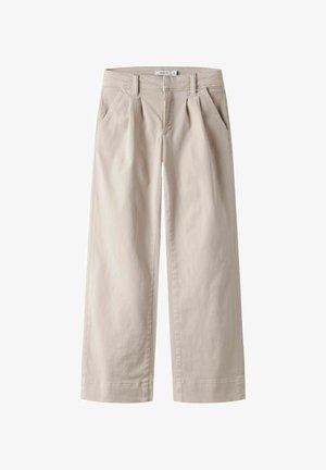 Beige wide-leg trousers made of cotton, featuring a high waist, pleated front, and side pockets. Smooth texture with a clean finish.