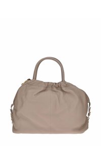 Borsa a mano in pelle beige con due manici rotondi, dettaglio arricciato nella parte superiore e zip in tonalità oro. Texture liscia con minimi accenti hardware.