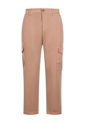 Herren-Cargohosen in Beige mit seitlichen Klappentaschen, vorderer Knopfleiste, Gürtelschlaufen und geradem Beinverlauf vor weißem Hintergrund.