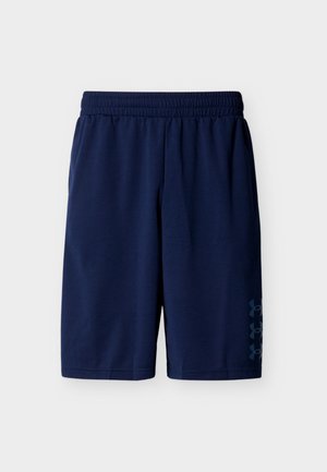 Αθλητικό σορτς σε ναυτικό μπλε με ελαστική μέση και διακριτικές λογότυπες λεπτομέρειες στο κάτω δεξί πόδι, σχεδιασμένο για άνεση και αθλητισμό.