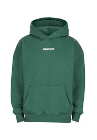 Sweat à capuche vert foncé avec poche avant et texte "DROPSIZE" centré sur la poitrine en police beige clair.