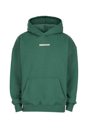 Dark green hoodie with front pouch pocket and "DROPSIZE" text centered on the chest in light beige font.