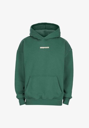 Dark green hoodie with front pouch pocket and "DROPSIZE" text centered on the chest in light beige font.