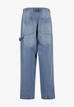 Hellblaue Jeanshose mit lockerer Passform, hohe Taille, zwei Gesäßtaschen, einer Seitenschlaufe und geradem Bein.