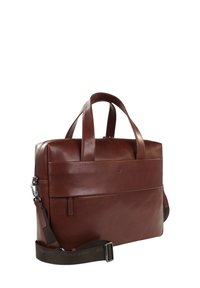 Braune Leder-Laptoptasche mit doppelten Griffen, abnehmbarem Schultergurt, Reißverschluss und Fronttasche. Glatte Oberfläche mit genähten Akzenten.