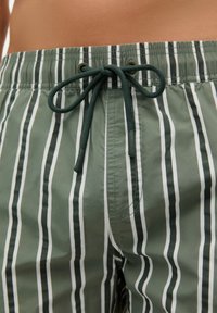 Shorts de bain à rayures vertes avec une taille à cordon de serrage, comportant des rayures verticales en vert foncé et blanc, fabriqués en tissu léger et lisse.