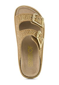 Brown woven sandal with a textured footbed, two metallic buckle accents, and a rounded shape, featuring a soft, padded insole.