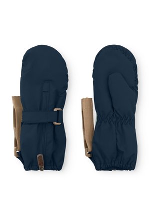 Marineblaue Handschuhe mit einer weichen, glatten Textur, ausgestattet mit verstellbaren beigen Riemen und einem gerafften Handgelenk für eine perfekte Passform.