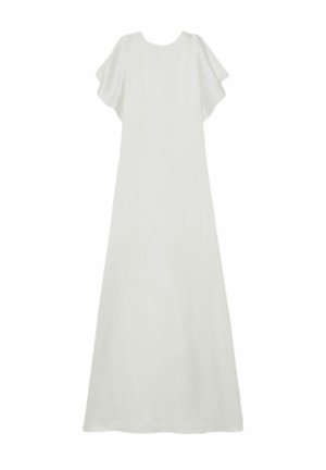 Rochie maxi albă cu mâneci scurte și vaporoase, guler rotund și o siluetă fluidă, având un material neted și detalii de design minimaliste.