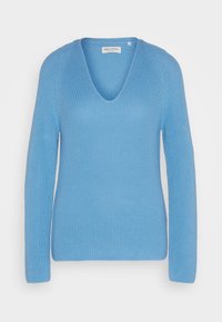 Maglione lavorato a maglia di colore blu chiaro con scollatura a V profonda, maniche lunghe e trama a coste. Presenta un discreto logo del marchio sul colletto.