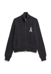 Sweat à fermeture éclair texturé gris foncé avec un col montant, poignets et ourlet côtelés, arborant un petit logo blanc "A" sur la poitrine et des poches latérales.