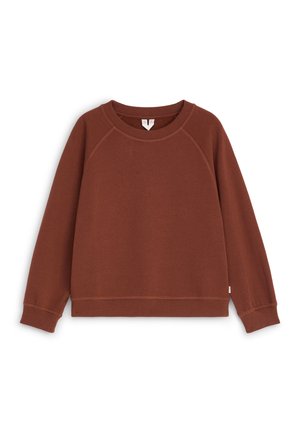 Sweat-shirt marron à manches longues avec col rond, poignets et ourlet côtelés, présenté sur un fond blanc.
