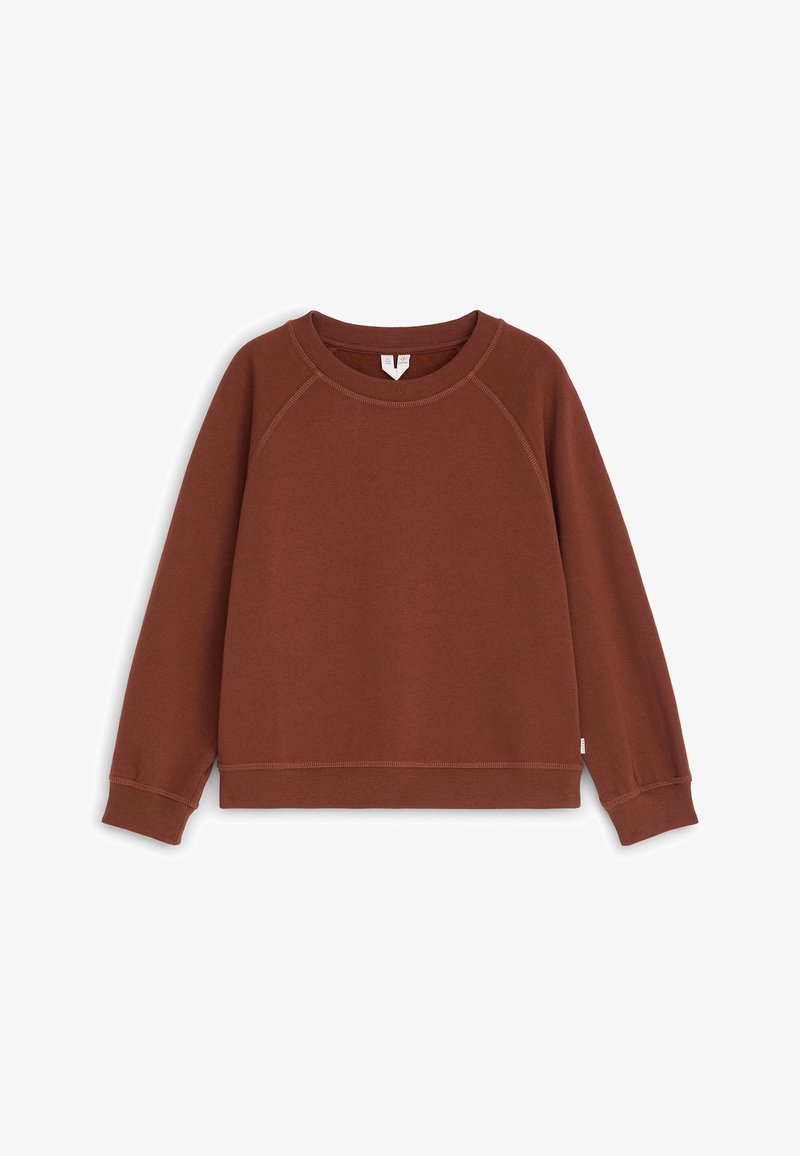 Sweat-shirt marron à manches longues avec col rond, poignets et ourlet côtelés, présenté sur un fond blanc.