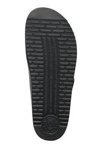 Zwarte rubberen zool met een gestructureerd oppervlak, voorzien van verhoogde patronen en geëmbossede tekst. Circulair logo op de hiel. Ontworpen voor grip en comfort.