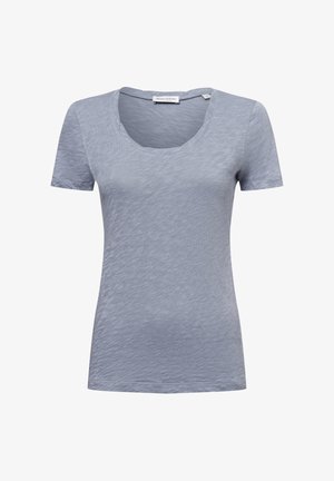 Hellblaues T-Shirt mit kurzen Ärmeln und Rundhalsausschnitt, aus einem strukturierten Stoff und mit einer lockeren Passform. Keine sichtbaren Muster oder Beschläge.