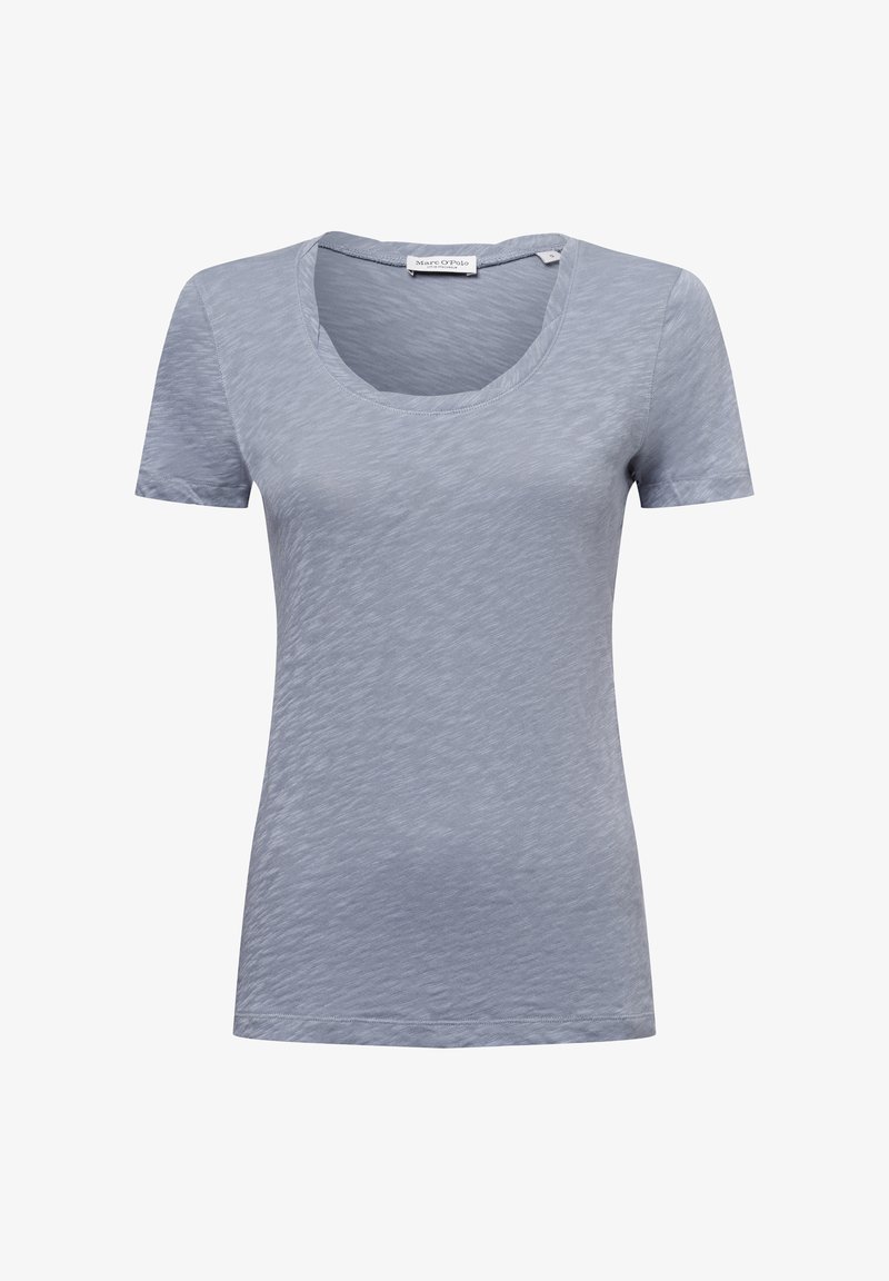 Vaaleansininen lyhythihainen t-paita, jossa on avara kaula-aukko. Paita on valmistettu teksturoidusta kankaasta ja siinä on rento istuvuus. Ei näkyviä kuvioita tai varusteita.