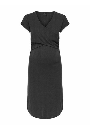 Vestido de jersey gris con escote en V, mangas cortas y diseño cruzado en la cintura. Presenta una silueta ajustada y un dobladillo a la altura de la rodilla.