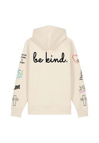 Hoodie crème avec une capuche, arborant le texte « be kind. » au dos. Graphiques décoratifs de différentes couleurs sur les manches et le dos.