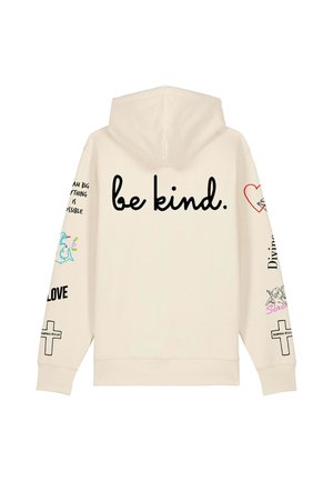 Cream hoodie with a hood, featuring the text “be kind.” on the back. Decorative graphics in various colors on sleeves and back.