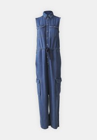 Denim jumpsuit med ermeløs design, knappelukking foran, elastisk midje, to brystlommer og sidelommer. Mørkeblå farge, avslappet passform.