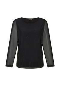 Maglietta nera a maniche lunghe con scollatura rotonda, caratterizzata da un tessuto trasparente e decorazioni che formano un motivo sulla parte anteriore.