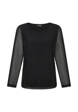 Schwarzes Langarmtop mit rundem Ausschnitt, aus einem durchsichtigen Stoff und mit Verzierungen, die ein Muster auf der Vorderseite bilden.