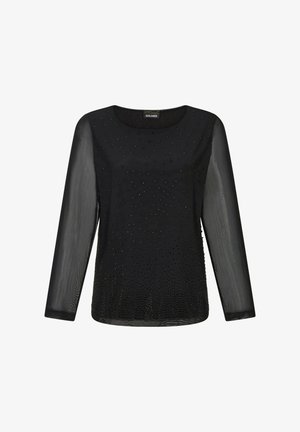 Schwarzes Langarmtop mit rundem Ausschnitt, aus einem durchsichtigen Stoff und mit Verzierungen, die ein Muster auf der Vorderseite bilden.