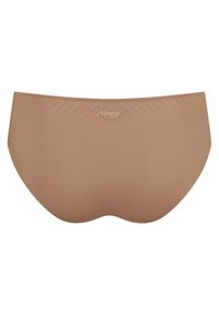 Cuecas Sloggi sem costura em castanho claro, com uma textura suave e um padrão triangular ao longo da borda superior. Design clássico de cueca.