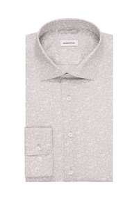Camicia grigia con bottoni, caratterizzata da un piccolo motivo floreale, colletto a punta e polsi alla francese con bottoni bianchi. Etichetta visibile all'interno del colletto.