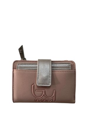 Portafoglio mauve compatto con chiusura a scatto argento, tasca porta monete con cerniera e logo "by blos" in rilievo sul davanti.