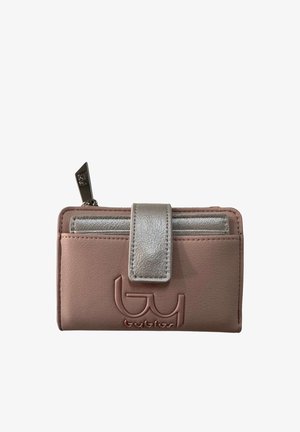 Portafoglio mauve compatto con chiusura a scatto argento, tasca porta monete con cerniera e logo "by blos" in rilievo sul davanti.