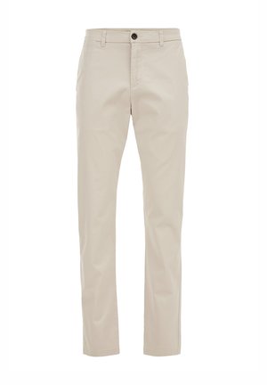 Pantalones de algodón beige con corte recto, que cuentan con cierre de botón en la parte delantera, presillas para cinturón y bolsillos laterales. Textura suave y diseño minimalista.