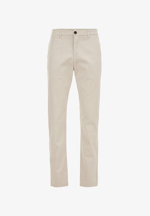 Pantaloni in cotone beige con vestibilità dritta, dotati di chiusura frontale con bottone, passanti per la cintura e tasche laterali. Texture liscia e design minimale.