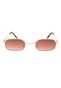 Gafas de sol de metal dorado con lentes tintados en rosa, forma octagonal y brazos en color marrón. Incluyen almohadillas de silicona transparentes en la nariz para mayor comodidad.