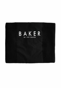 Sciarpa nera rettangolare con estremità rigate, caratterizzata da testo bianco "BAKER BY TED BAKER" centrato su un pannello di tessuto liscio.